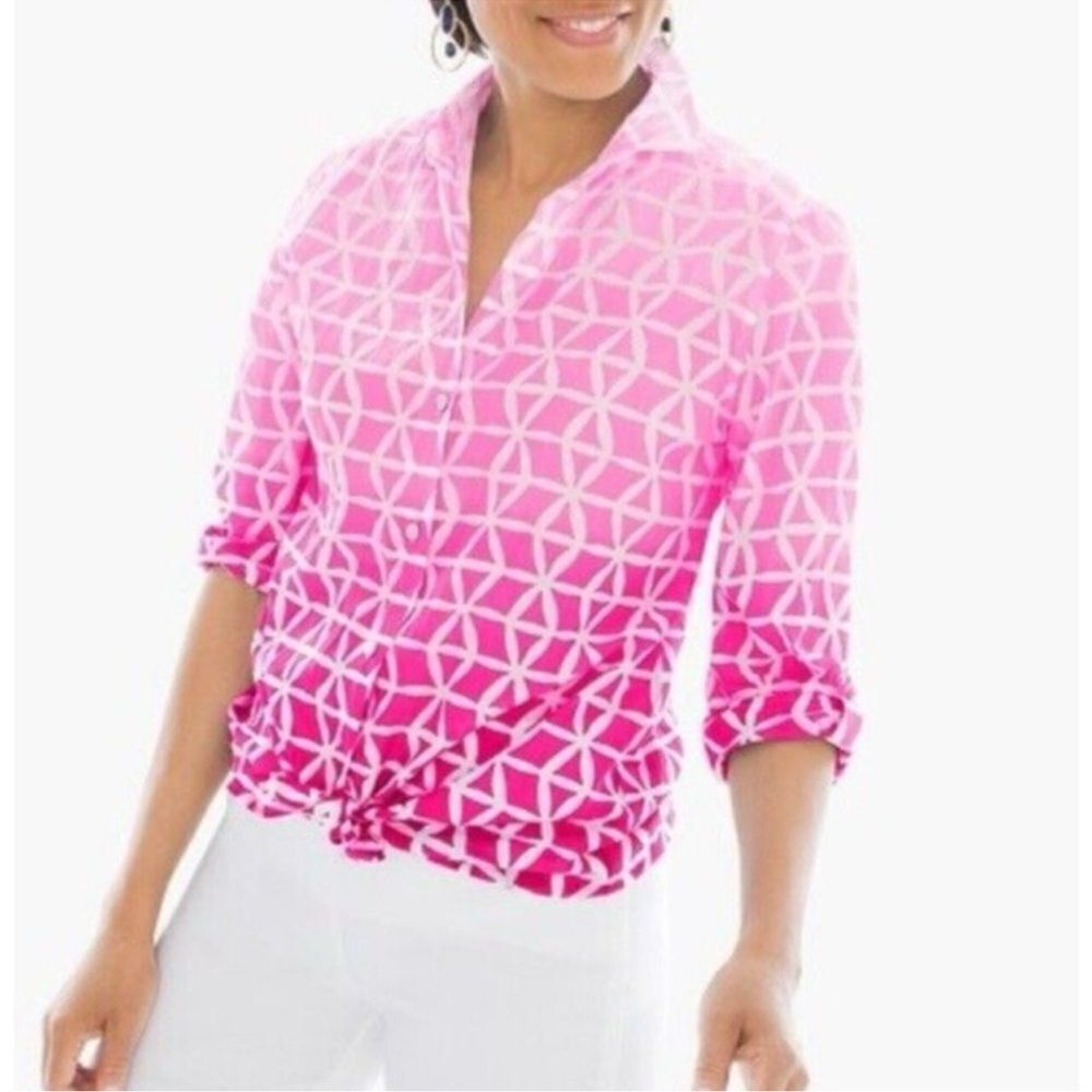 Chico’s Geometric Ombre Button Up Blouse Cotton Long Sleeve Top Size Large